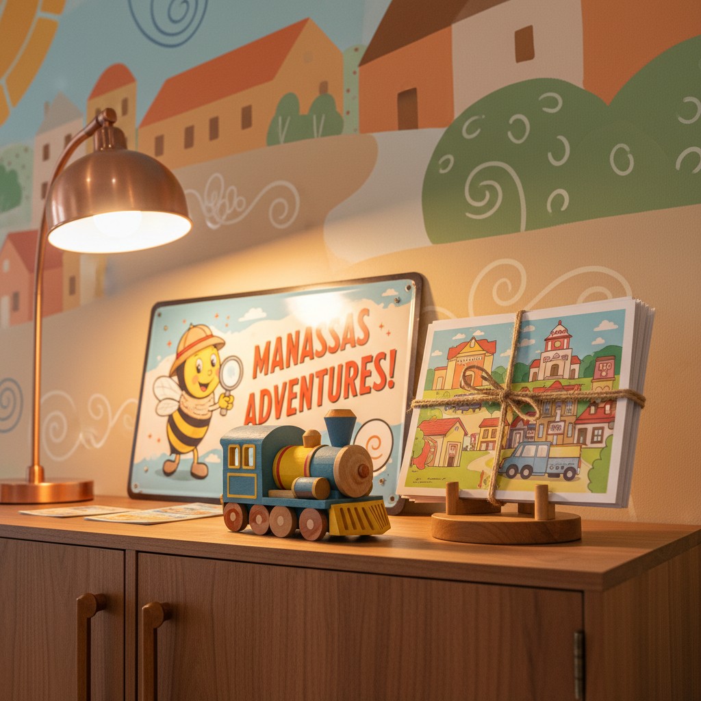 A colorful cartoon of a cartoon bee wearing a straw hat, holding a magnifying glass, above the words 'Manassas Adventures'.