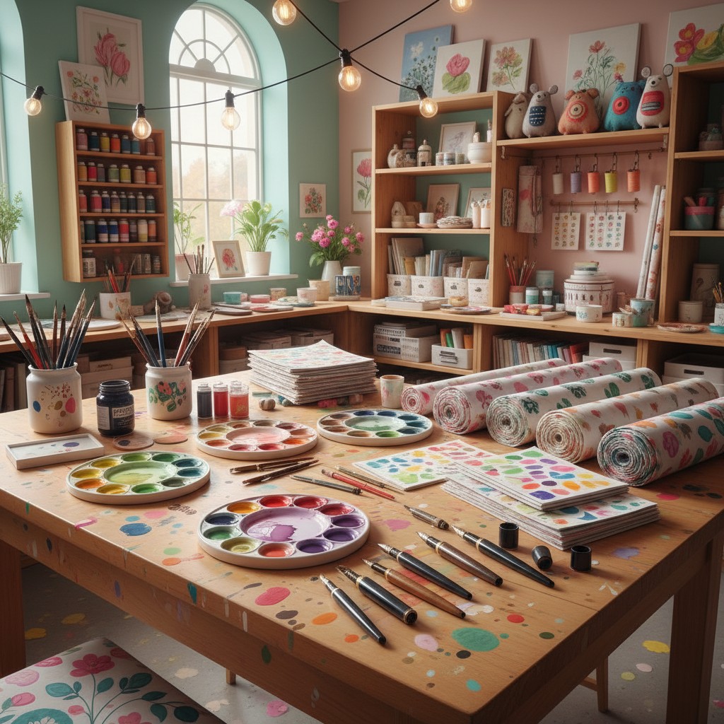 : Image depicting a spacious studio for textile and paint art, bustling with activity.