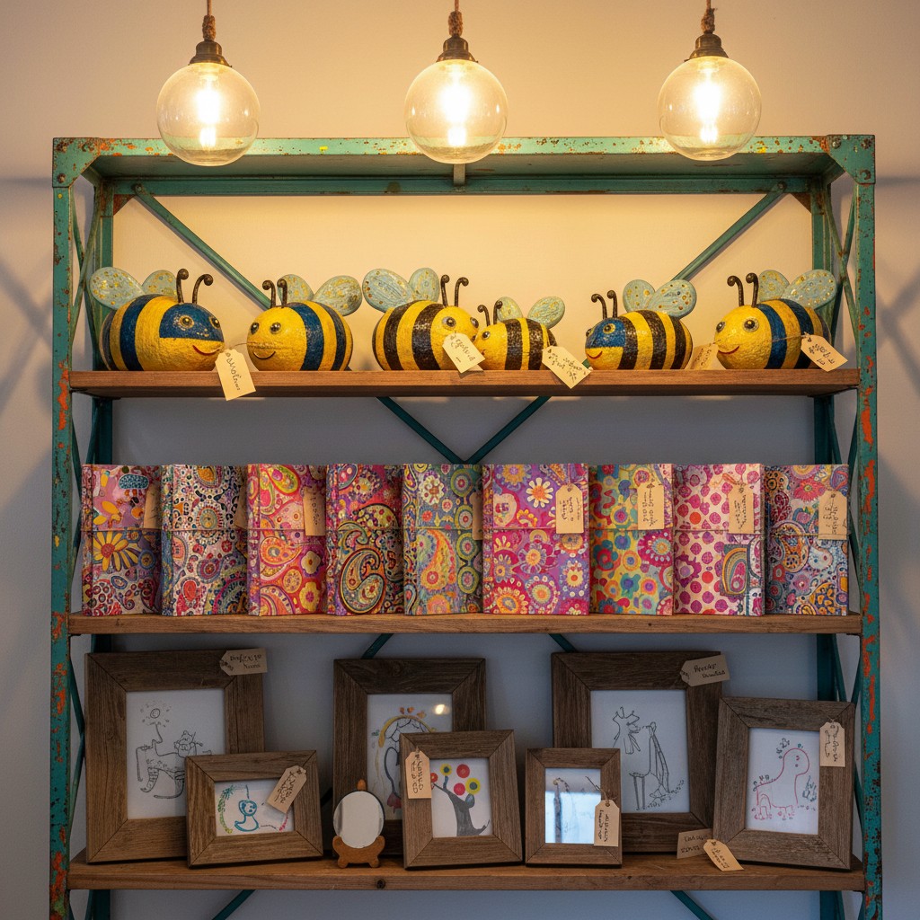 A shelf with decorative bee figurines, colorful floral-patterned items, and picture frames.