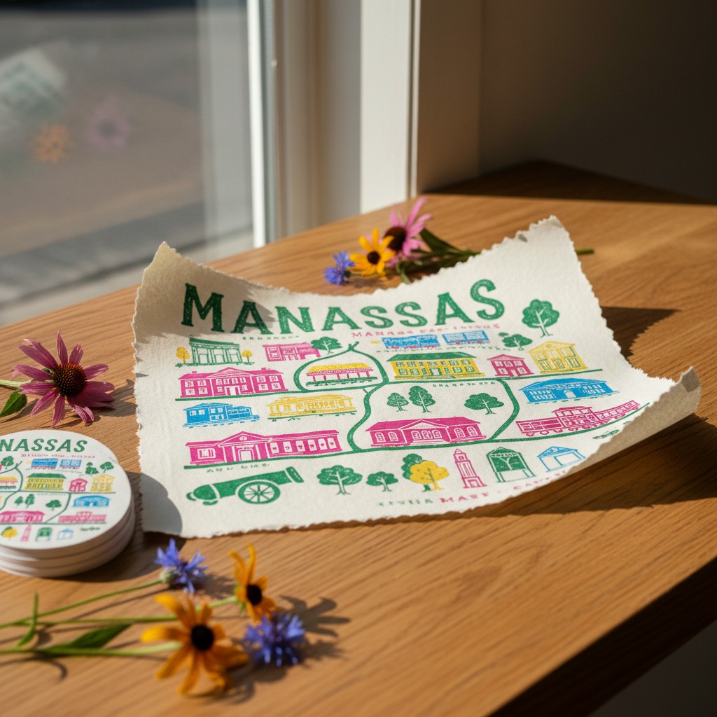 A photograph of a desk with a white, torn paper featuring a colorful graphic map of Manassas, VA.