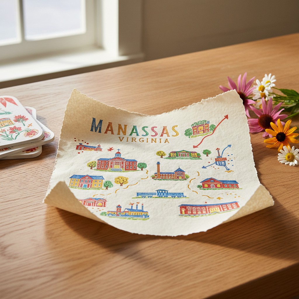Alt text: A paper map displaying an illustrated visual for Manassas, Virginia, placed on a wooden table near some flowers.